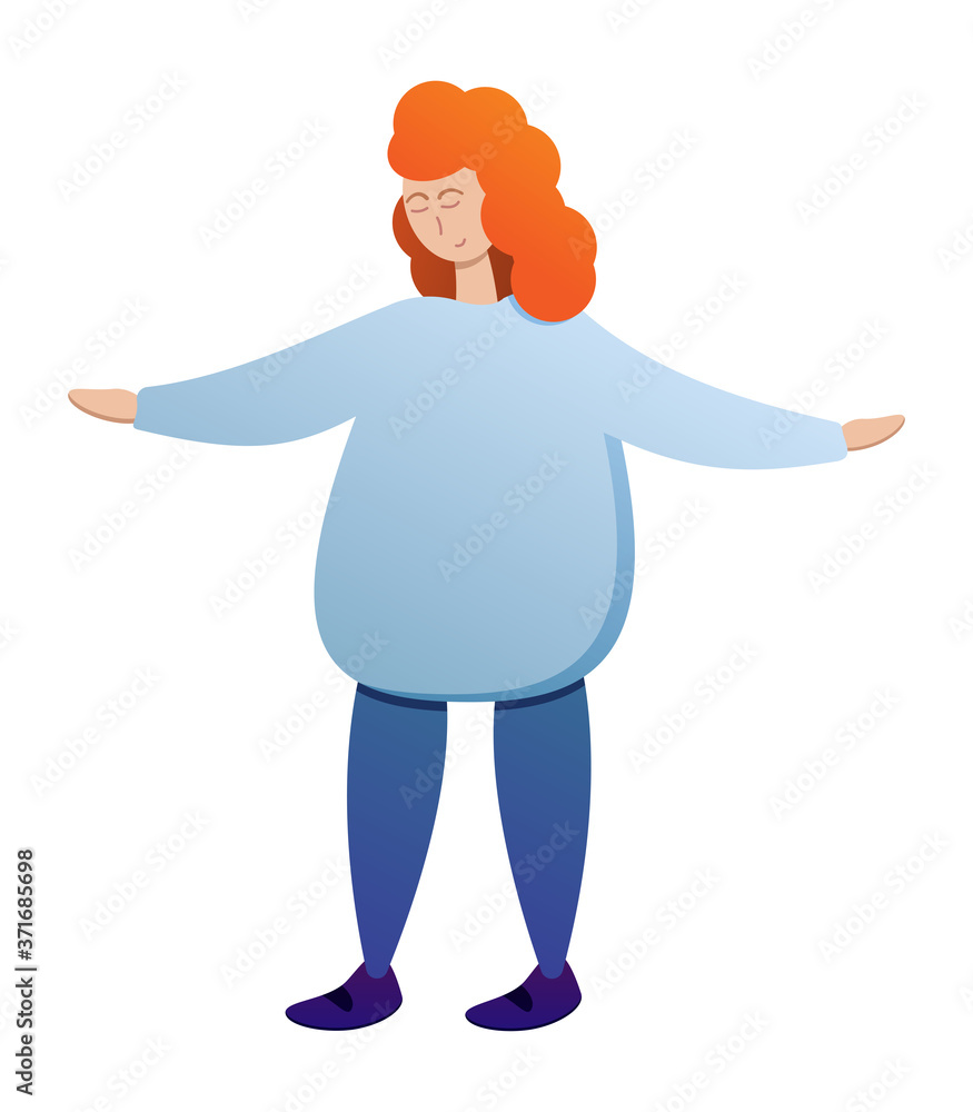 Happy woman with red hair with raised hands. Dressed in simple blue home clothes. Vector illustration