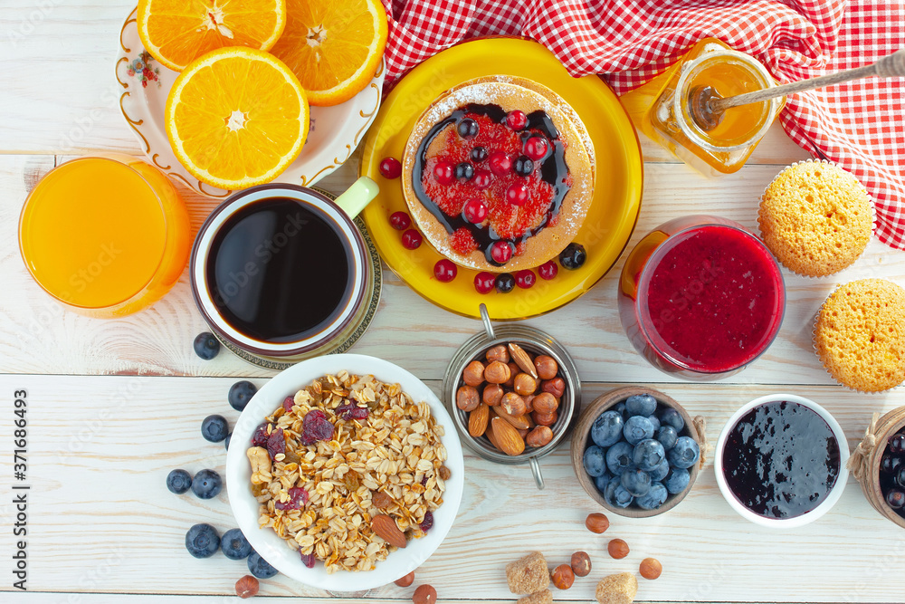 Healthy breakfast on an old background. The concept of tasty and healthy food. Healthy breakfast on an old background. The concept of tasty and healthy food.
