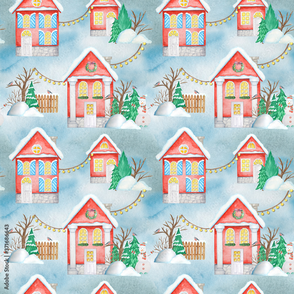 Watercolor Christmas winter houses Seamless pattern. House with wooden door, luminous windows, snow on the roof. Bright colors background for Card, scrapbook paper, fabric design texture