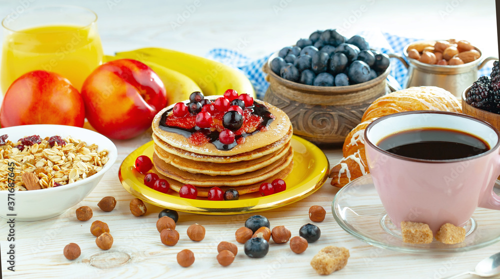 Healthy breakfast on an old background. The concept of tasty and healthy food.