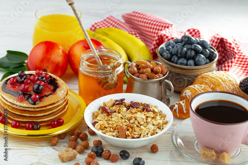 Healthy breakfast on an old background. The concept of tasty and healthy food.