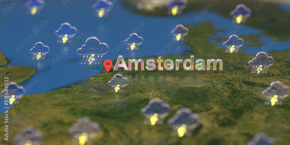 Amsterdam city and stormy weather icon on the map, weather forecast related 3D rendering Amsterdam city and stormy weather icon on the map, weather forecast related 3D rendering