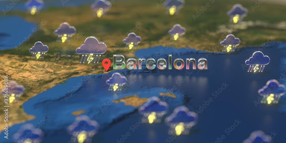 Stormy weather icons near Barcelona city on the map, weather forecast related 3D rendering Stormy weather icons near Barcelona city on the map, weather forecast related 3D rendering