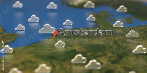 Amsterdam city and cloudy weather icon on the map, weather forecast related 3D rendering