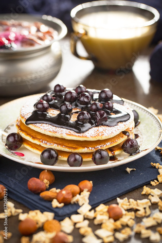 Healthy breakfast on an old background. The concept of tasty and healthy food.