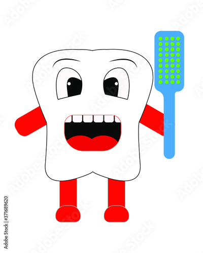 Tooth shape character design holding a toothbrush