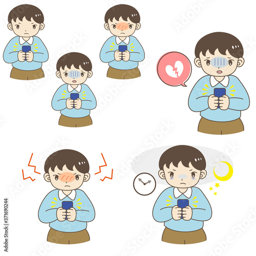 スマートフォン使用時のSNS疲れ・ストレスを感じる男の子のポーズセット