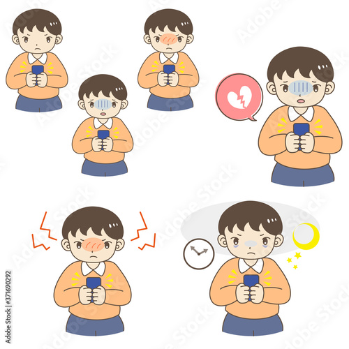 スマートフォン使用時のSNS疲れ・ストレスを感じる男の子のポーズセット