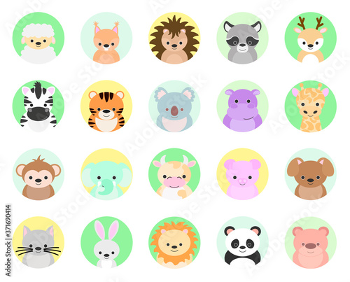 Cute Colored Animals Vector Illustration Icon Set Isolated On White Background.