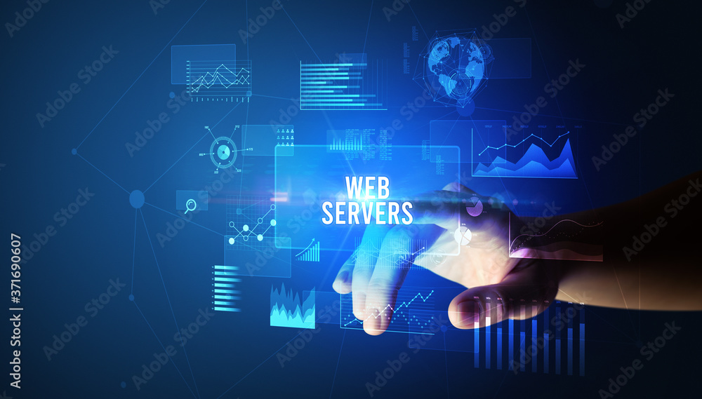 Hand touching WEB SERVERS inscription, new business technology concept