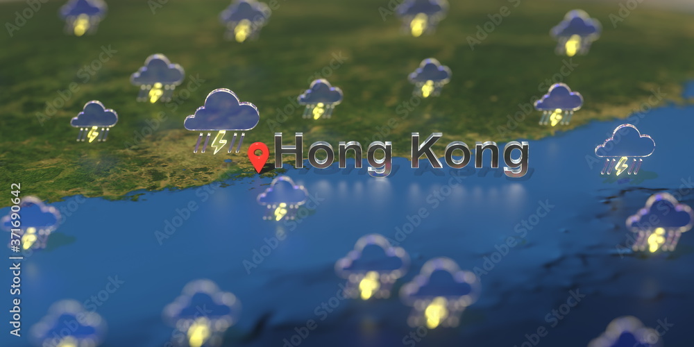Stormy weather icons near Hong Kong city on the map, weather forecast related 3D rendering
