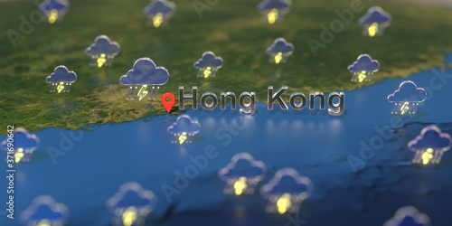 Stormy weather icons near Hong Kong city on the map  weather forecast related 3D rendering