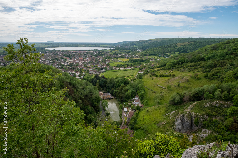 Wide angle view of the village of Cheddar with reservoir near Cheddar George, Somerset, UK