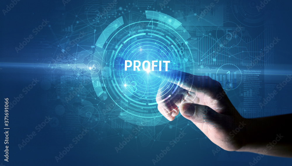 Hand touching PROFIT button, modern business technology concept Hand touching PROFIT button, modern business technology concept