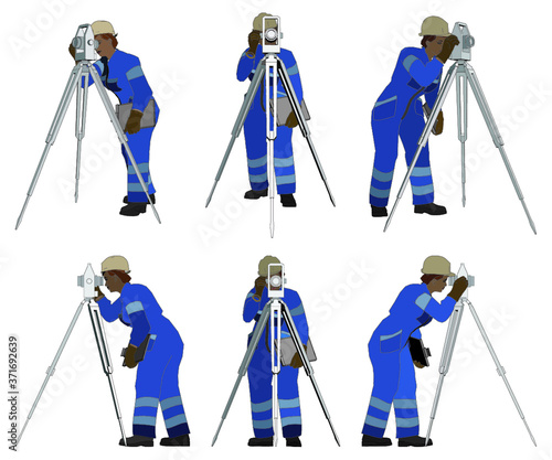 Land Surveyor Working With Theodolite Vector
