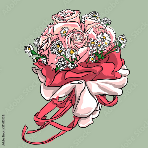 Drawing Posies Rose in Vintage Color Theme. Line Art of Freehand Illustration