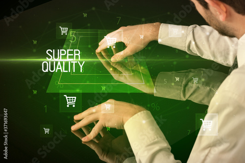 Online shopping with SUPER QUALITY inscription concept, with shopping cart icons