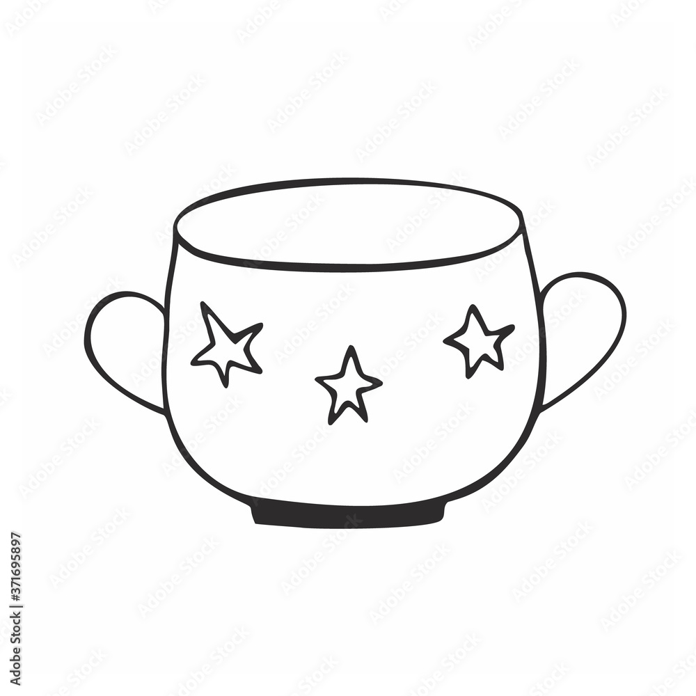 A wide sugar bowl with a star pattern isolated on a white background. Mug for tea, coffee and tea ceremony. Vector contour illustration of a child's Doodle. Logo of a cafe, restaurant, or bar A wide sugar bowl with a star pattern isolated on a white background. Mug for tea, coffee and tea ceremony. Vector contour illustration of a child's Doodle. Logo of a cafe, restaurant, or bar