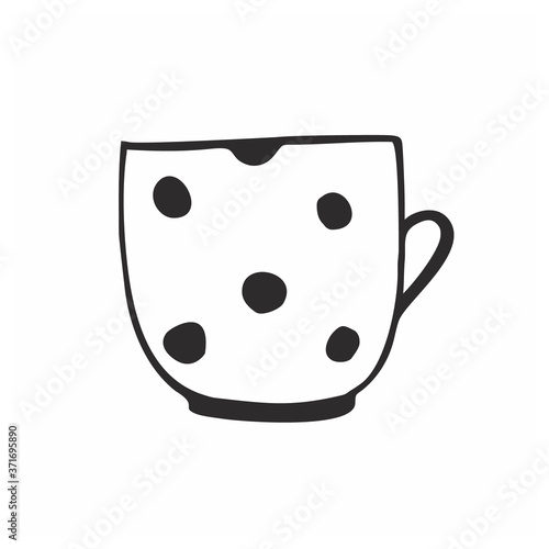 White contour tea mug with black polka dots on a white background isolated. Vector Doodle drawing pencil sketch. Logo of a coffee shop, restaurant, or store with dishes.