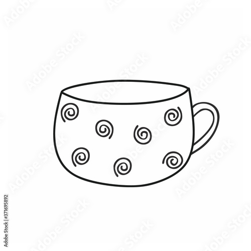 Wide white circle with a beautiful spiral pattern on a white background isolated. Tableware for tea, coffee and tea ceremony. Design element for the menu of a cafe, restaurant, or food pickup point.
