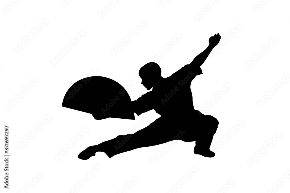 martial art, Kungfu nun, martial with fan silhouette on white Background Vector template