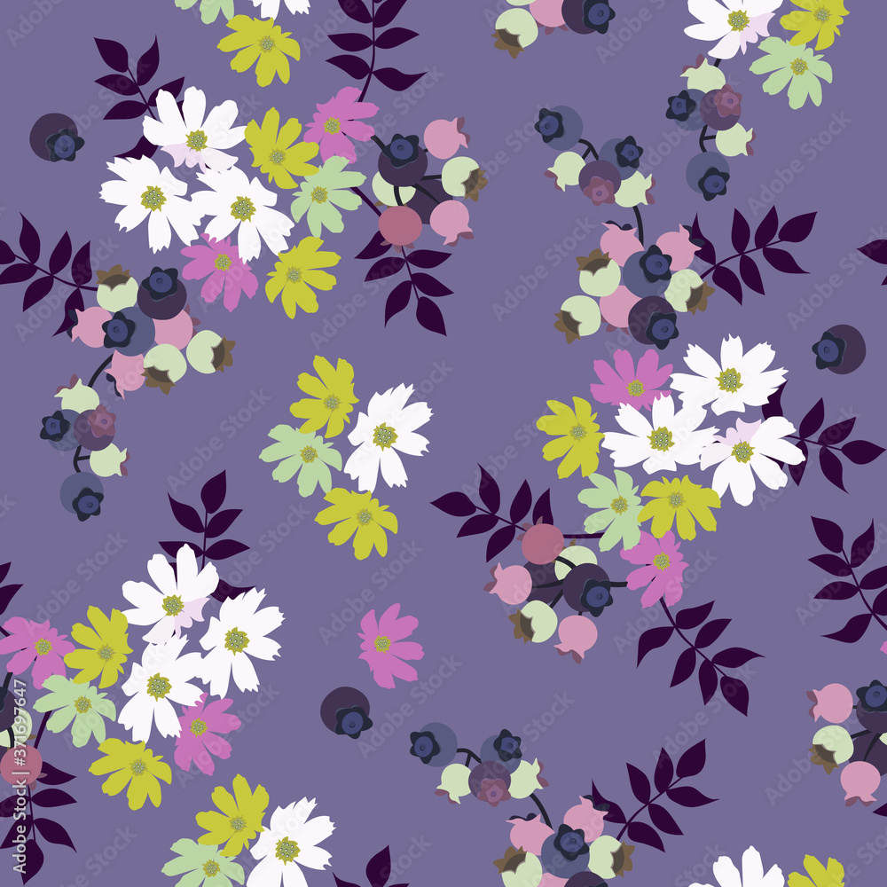 Obraz premium Seamless vector illustration with flowers and berries on a lilac background.