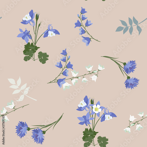 Seamless vector illustration with campanula, cornflowers and aquilegia