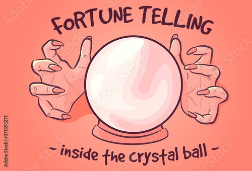 Occult vector of woman hands and a crystal ball. Fortune teller predicting the future.