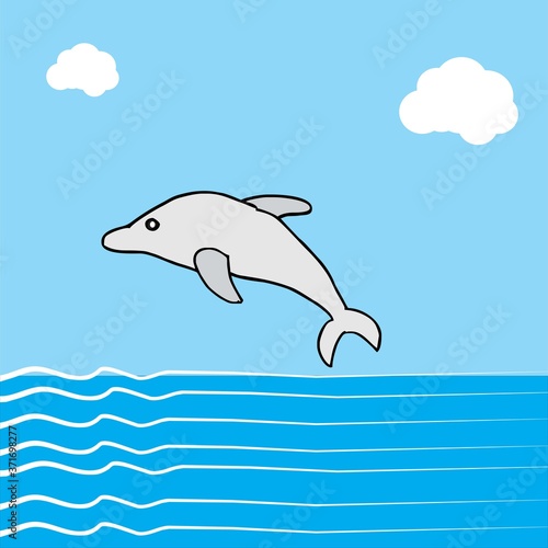Illustration of a dolphin jumping in the ocean happily. Set against the blue sky and sea. Very charming as a poster or illustration of children's story books.