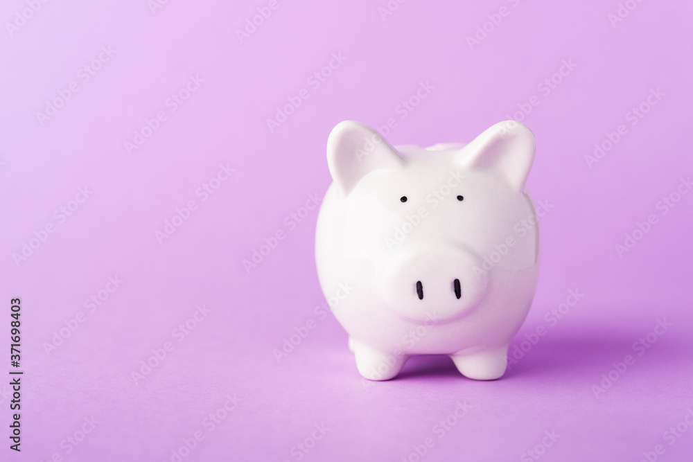 Front small white fat piggy bank, studio shot isolated on purple background and copy space for use, Finance, deposit saving money concept