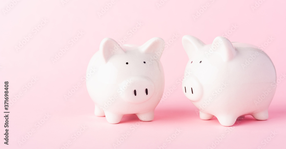 International Friendship Day, Front two small white fat piggy bank, studio shot isolated on pink background and copy space for use, Finance, deposit saving money concept
