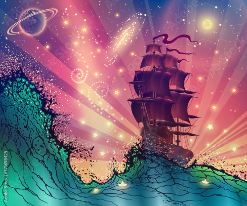 Fantasy landscape with ship on sea waves digital vector art, seascape fairy tale illustration with vessel, sun rays, blue green ocean, space stars, planets, moon.