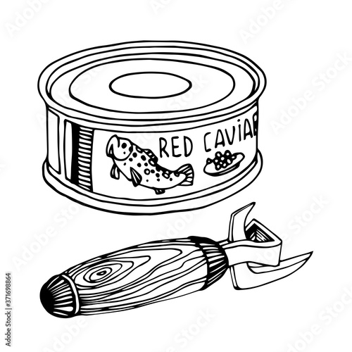 canned red caviar with tin opener, delicious seafood, for icon, logo or emblem, vector illustration with black ink contour lines isolated on a white background in a hand drawn & doodle style