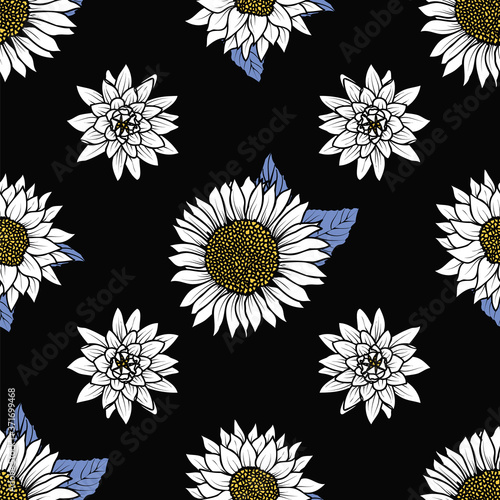 Abstract Seamless pattern with vintage hand drawn white wildflowers and white sunflower on black background design