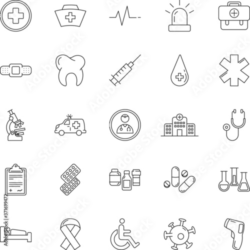 Conjunto de iconos de contorno relacionados con los hospitales  la medicina y la salud. Ideal para aplicaciones y p  ginas web.