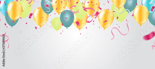 Gold color Celebration party banner with Gold balloons confetti background. Vector illustration