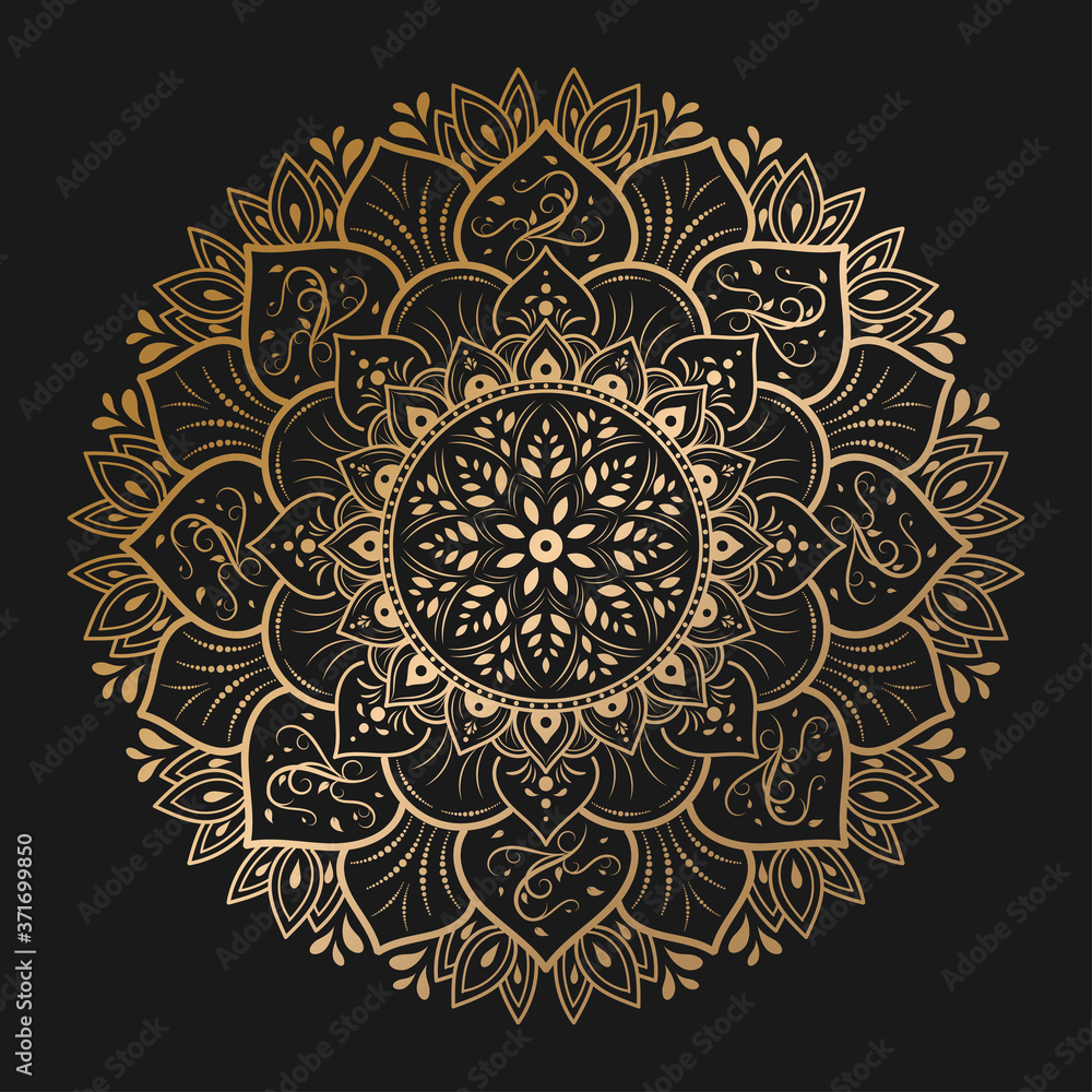 Circular Flower Mandala with gold color, Vector mandala Oriental pattern, Hand drawn decorative element. Unique design with petal flower. Concept relax and meditation use for page logo book