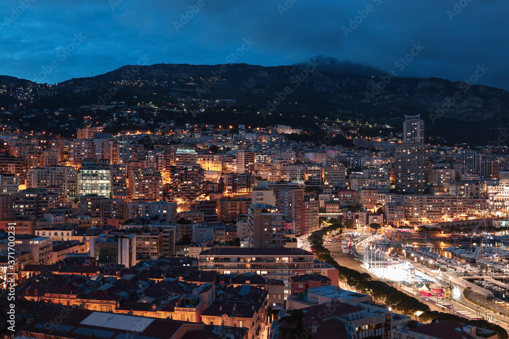 Night panorama of Monaco city view and harbour 