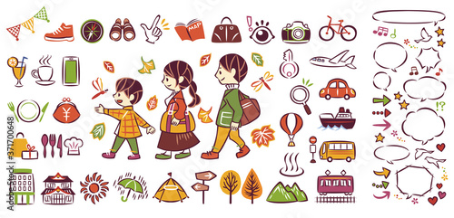 秋の紅葉　家族旅行　吹き出し　アイコンイラスト　セット