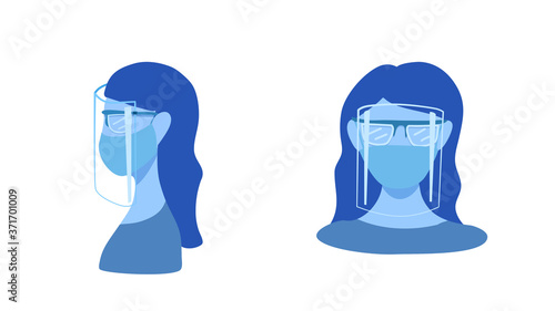 Medical face shield for protection from Coronavirus or COVID-19 infection. A woman wear face shield attached to a pair of glasses and a face mask. Vector illustration. flat design