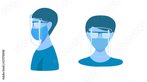 Medical face shield for protection from Coronavirus or COVID-19 infection. A man wear face shield attached to a pair of glasses and a face mask. Vector illustration. flat design