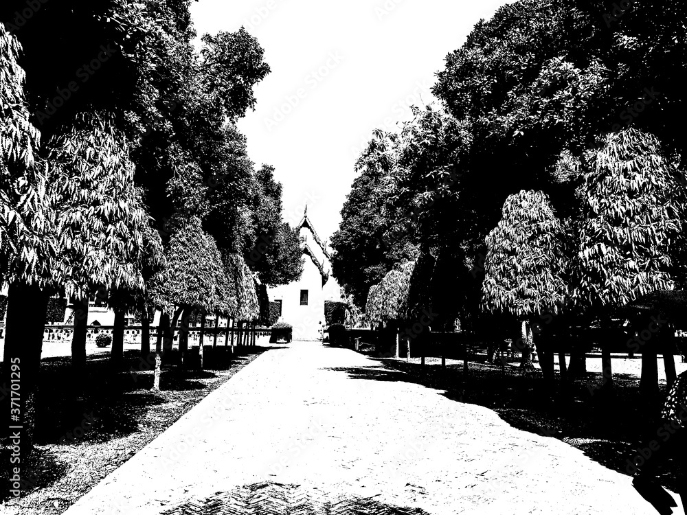 Ancient Thai architecture Create a black and white illustration. Ancient Thai architecture Create a black and white illustration.