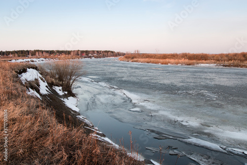 Landscape. Early spring morning. Gray ice on the river, the banks are covered with old yellow grass, blue sky. In the background there are houses and a forest.