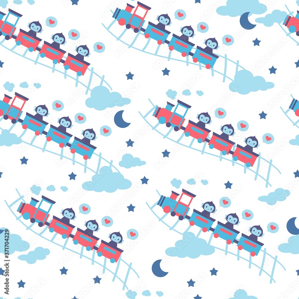 Monkey's sky train vector illustration seamless pattern