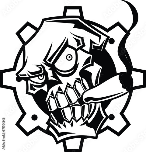 Metal Skull Character Smoking Cigar with the Gear in the background