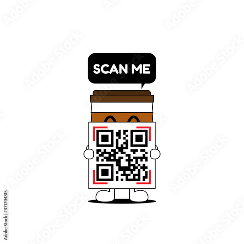 Coffee mug cartoon show QR code with lettering 'SCAN ME' in dialog box flat vector design isolated on white background.