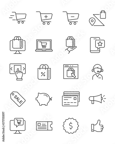 set of online shopping line icons, ecommerce, online store