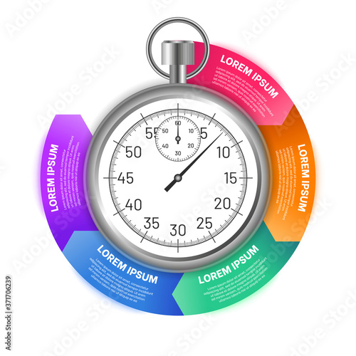 Stopwatch with options of circular shape. Business infographics template for presentation, advertising, report design. Colorful sections with timer in the center flat vector illustration