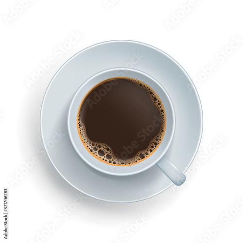Top view of espresso drink in cup. Hot coffee beverage with foam. White ceramic cup and saucer minimalist design realistic vector illustration isolated on white
