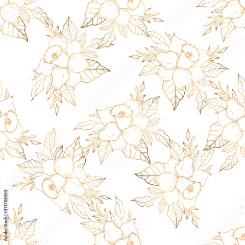 Golden seamless pattern with bouquet with narcissus